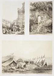 Eine portugiesische Kirche und eine chinesische Straße in Macao, ein alter Tempel in der Nähe der Barriere in Macao und ein chinesisches Lager und die Mauer, die die Insel von der Halbinsel Macao trennt, Platten 14, 15 und 16